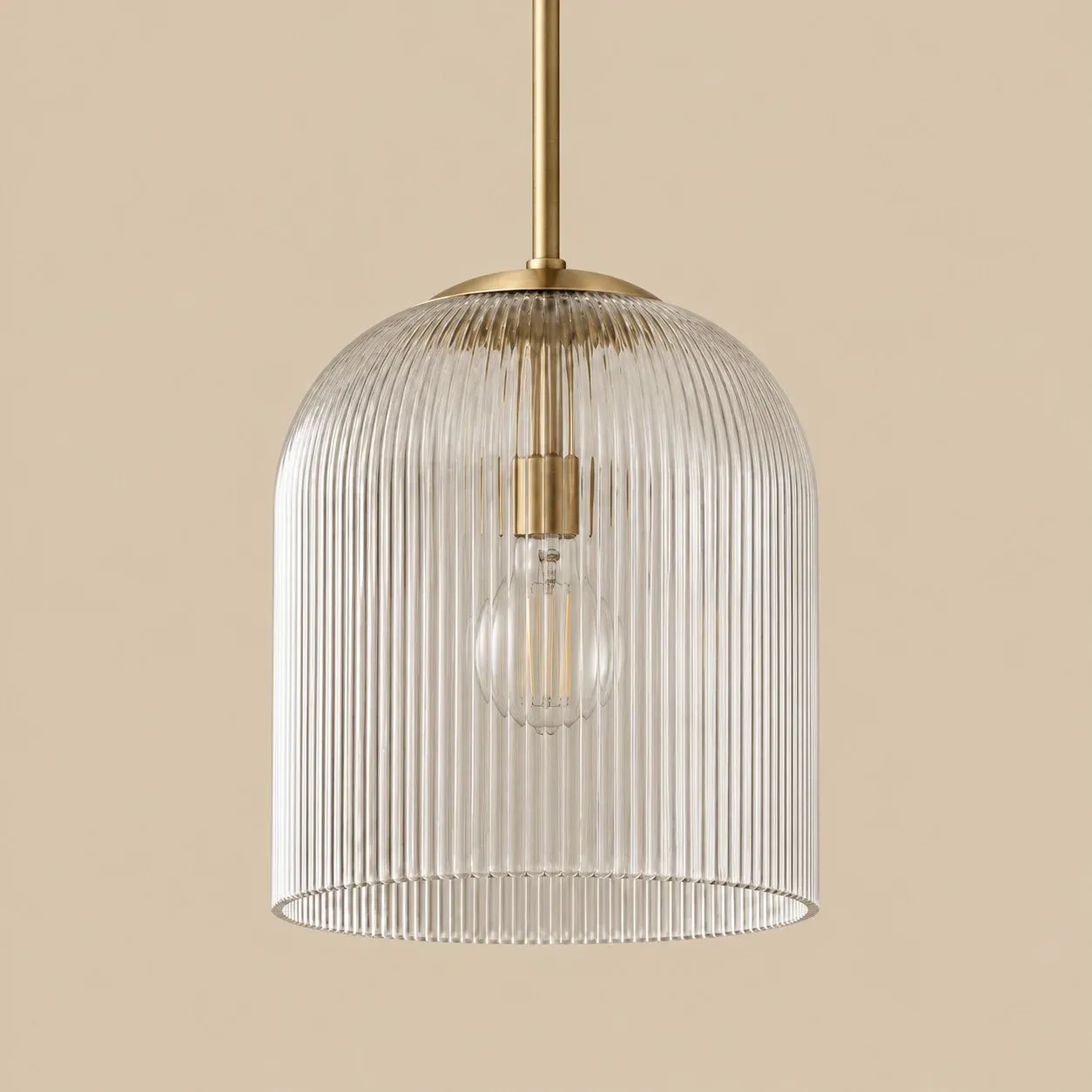 Medium ribbed glass bell pendant in Brass