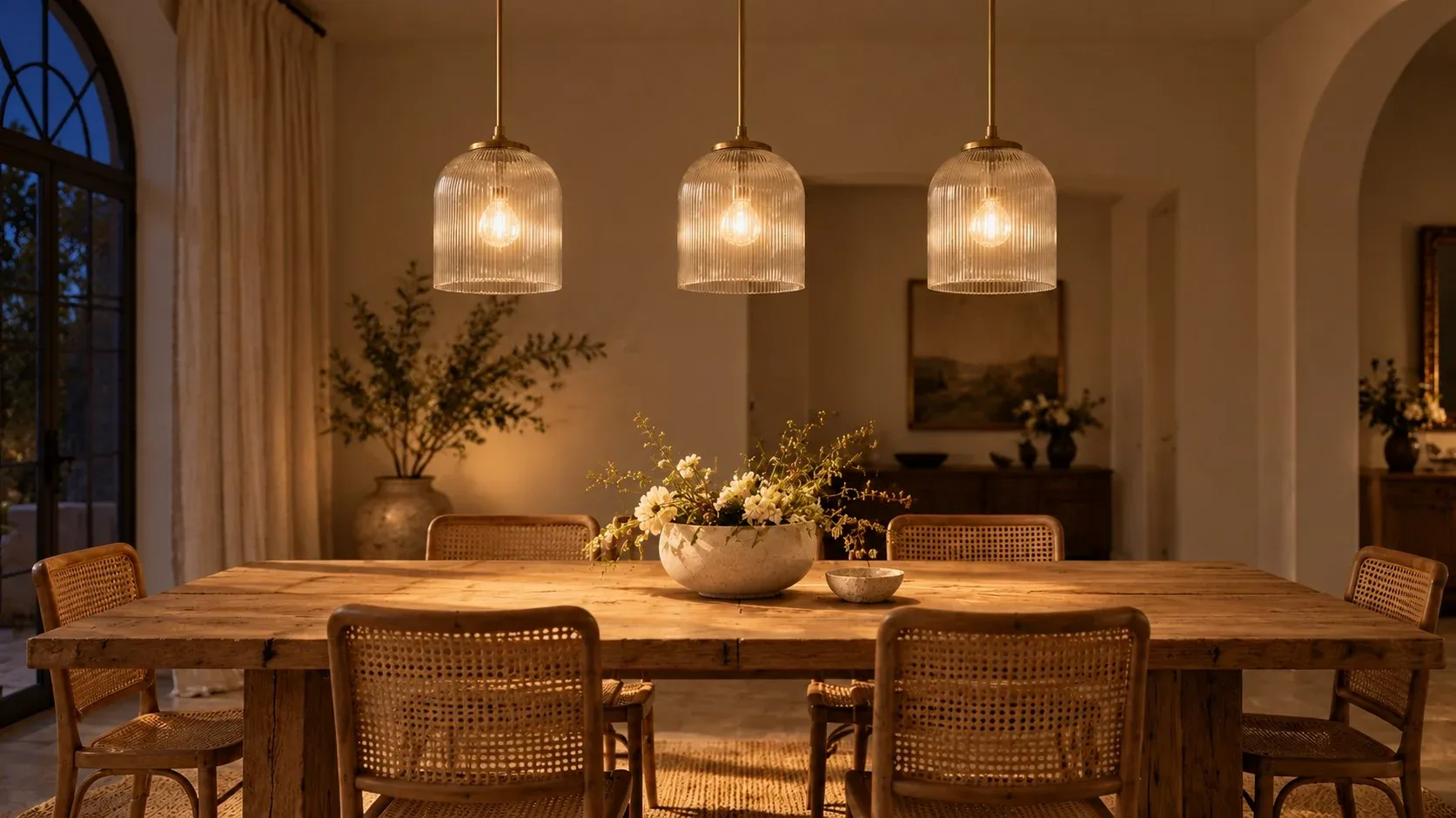 The same three brass ribbed bell pendants lit over the dining table at night