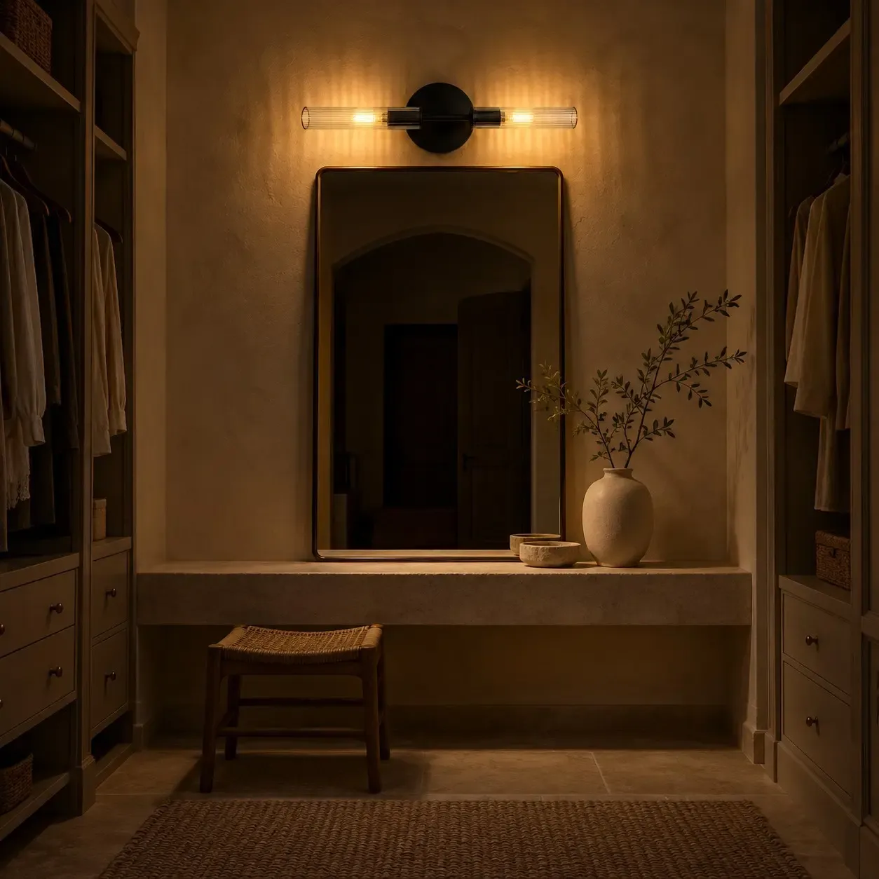 Bronze two-light ribbed glass tube sconce glowing above a dressing-room mirror at night