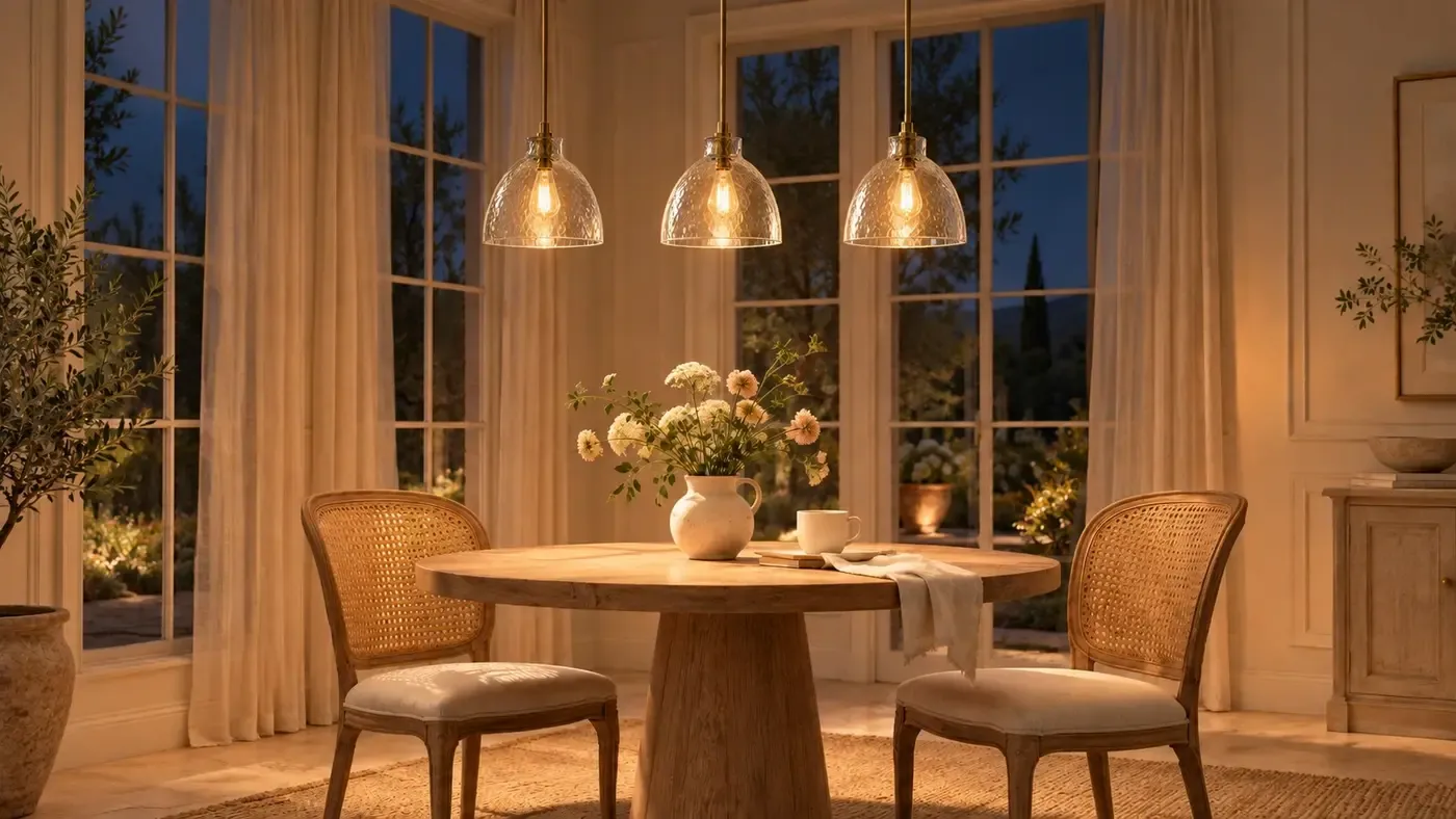 The same three brass hammered-glass pendants lit over the dining table at night