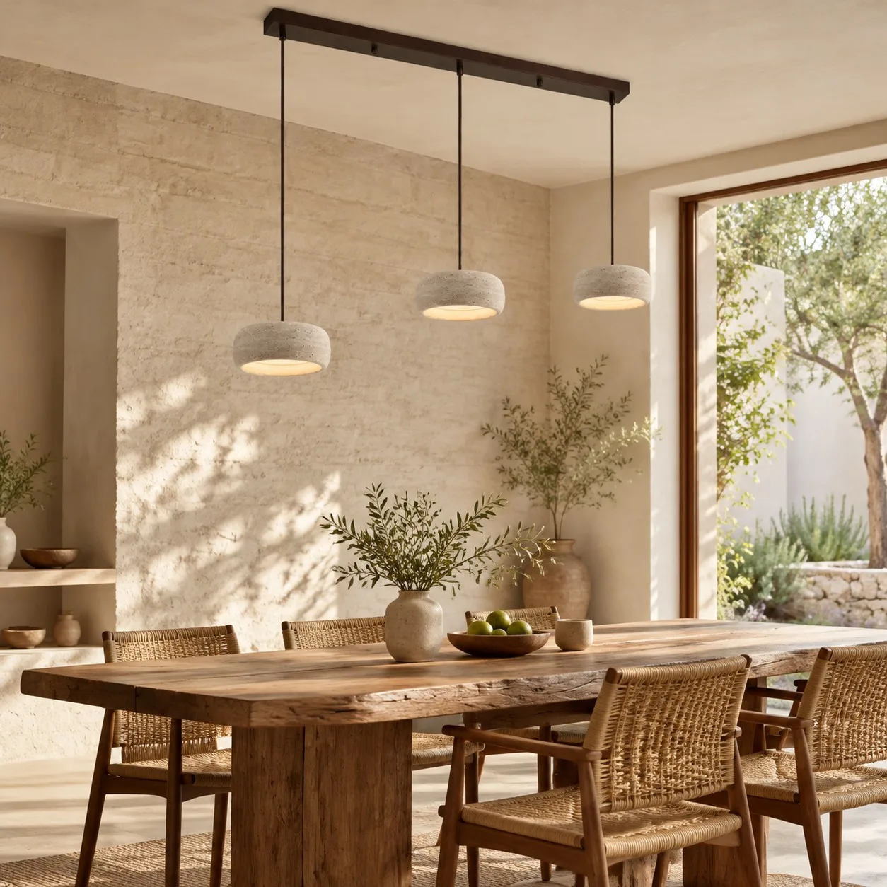 Three rounded travertine pendants over a dining table
