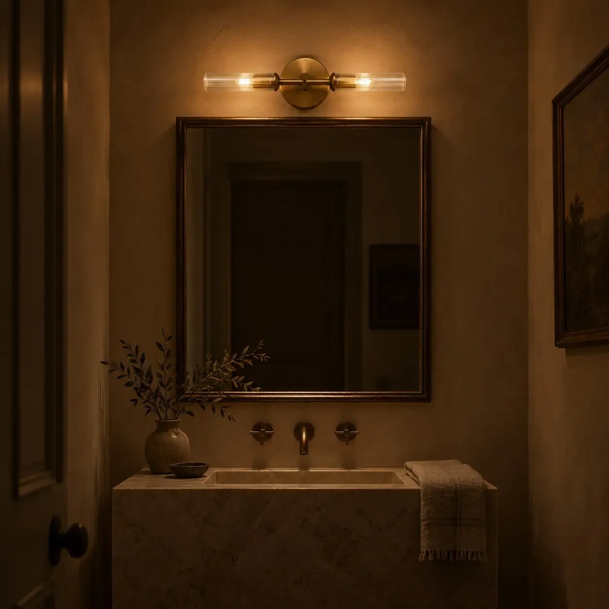Brass two-light ribbed glass tube sconce glowing above a powder-room mirror at night