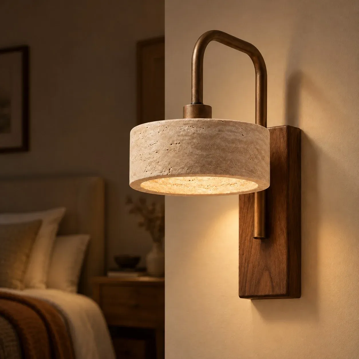 Straight travertine and walnut wall sconce glowing in a bedroom at night