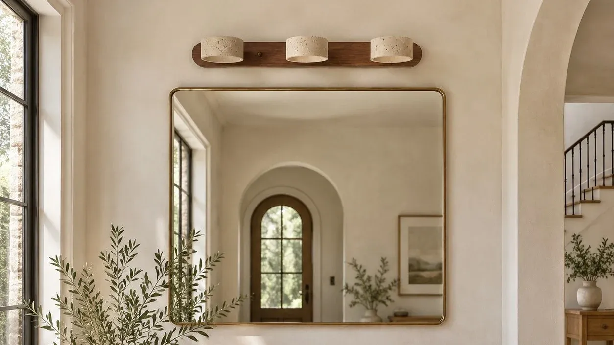 Three-light walnut sconce unlit above an entry mirror in daylight