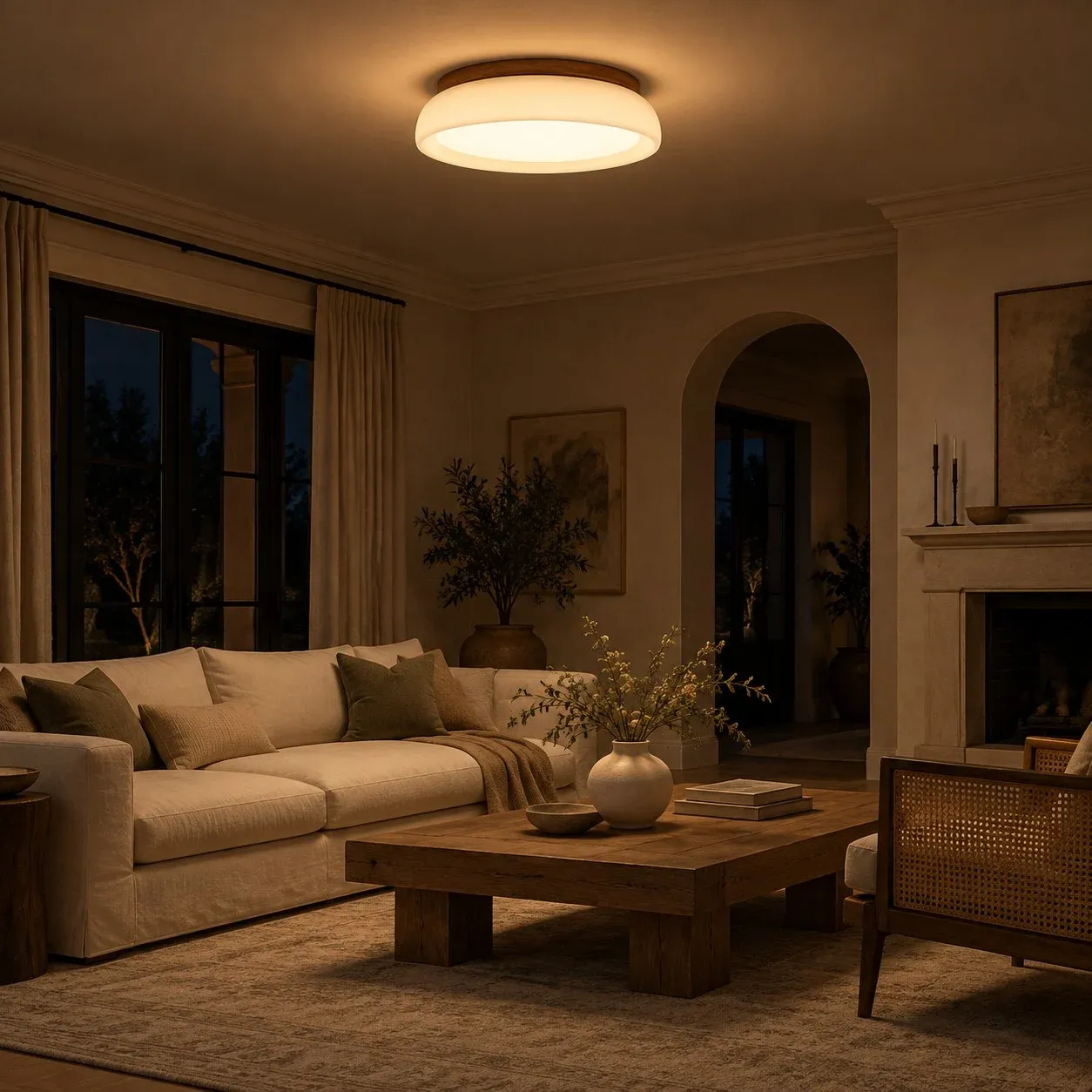 Frosted glass flush mount glowing in a living room at night