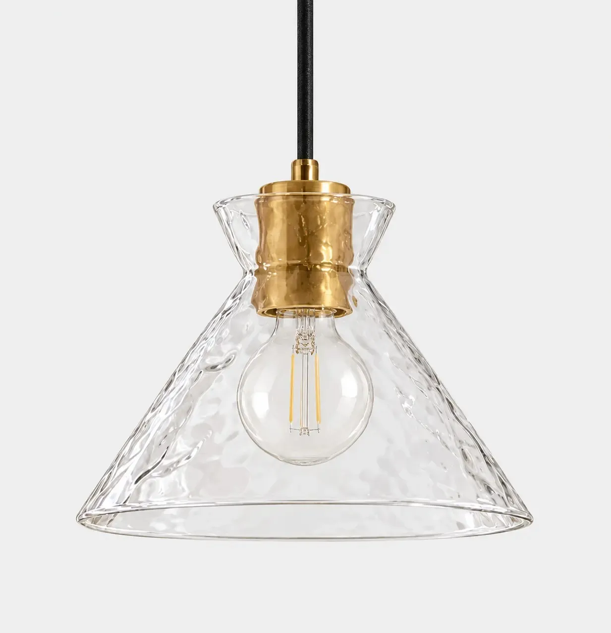 Hammered glass cone pendant with a brass collar and black cord