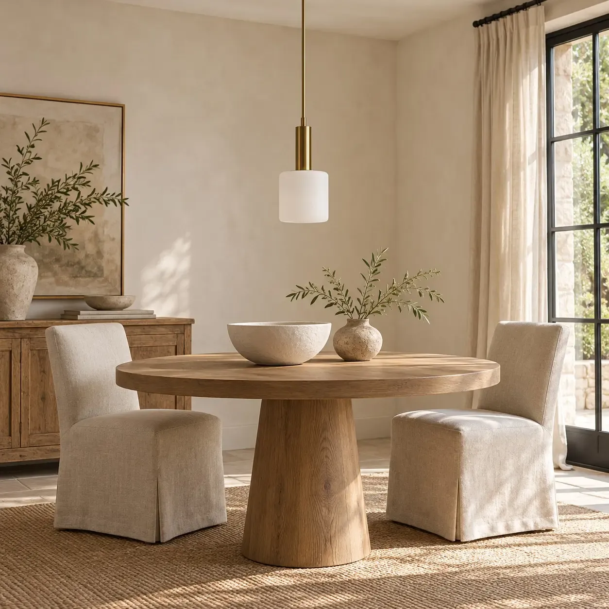 5 inch porcelain cylinder pendant unlit over a round wood dining table in daylight