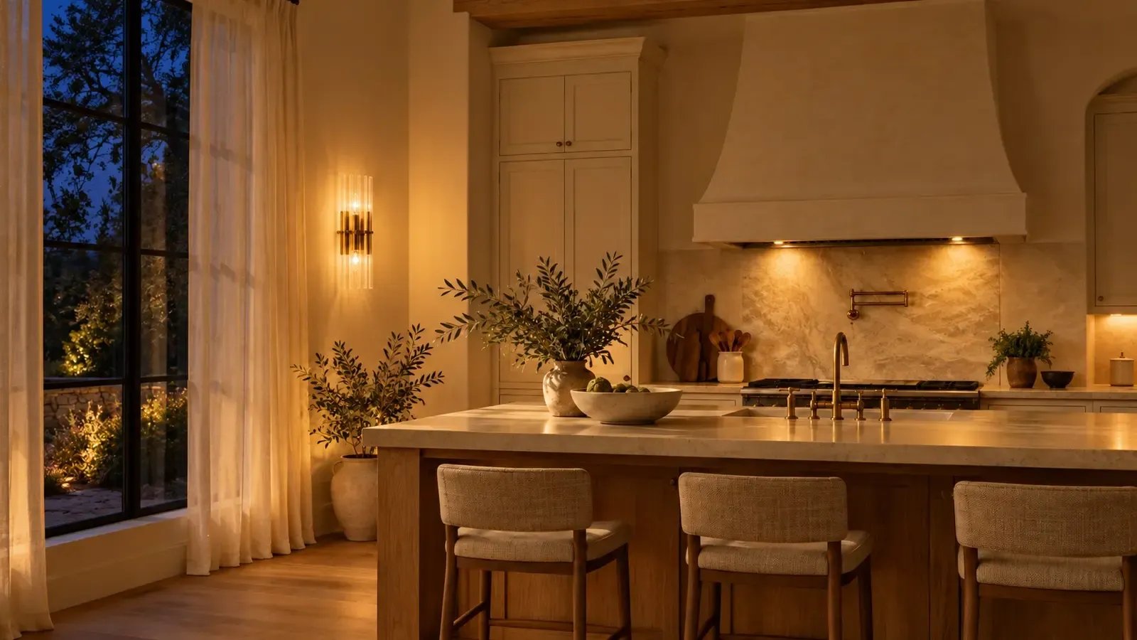 The same kitchen at night with the tumbled brass sconce lit and the hood light on