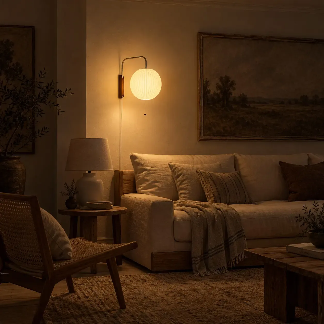 Sphere ribbed wall sconce glowing beside a sofa at night