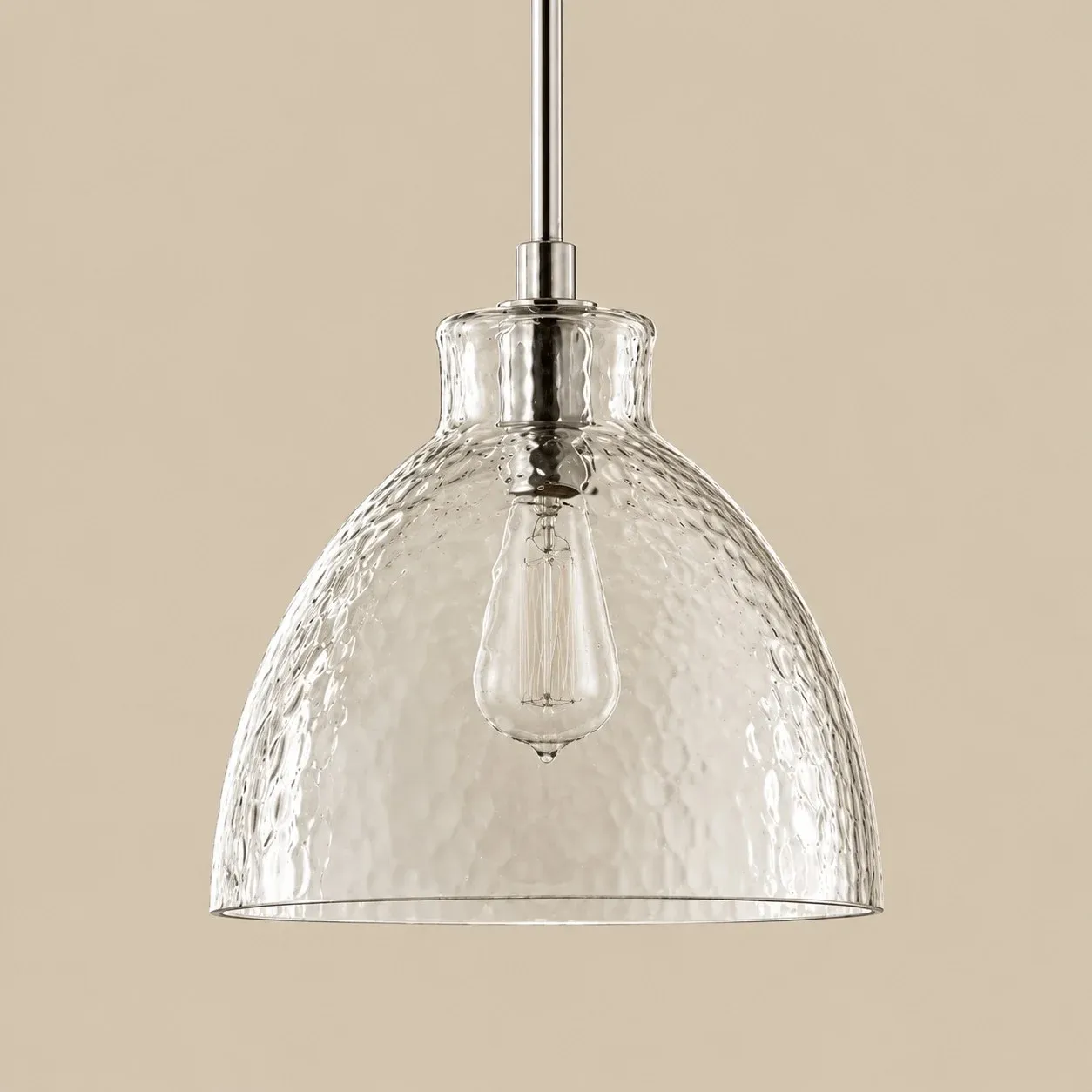 14 inch hammered glass bell pendant in Nickel
