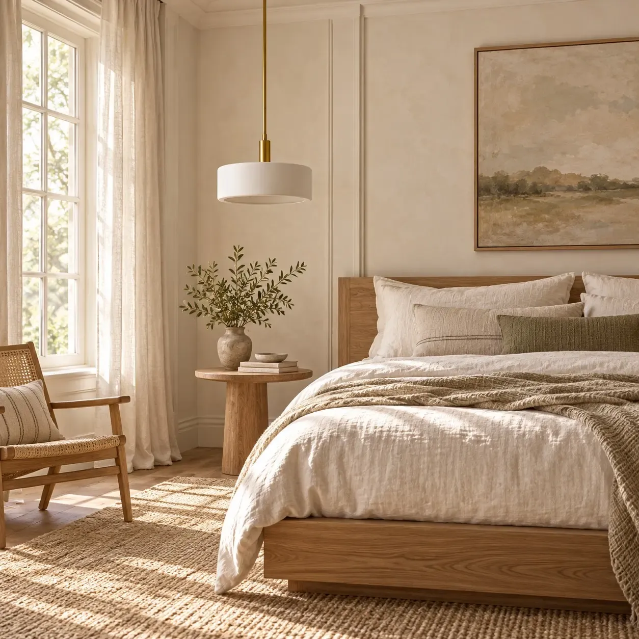14 inch white porcelain drum pendant unlit beside a bed in a daylight bedroom