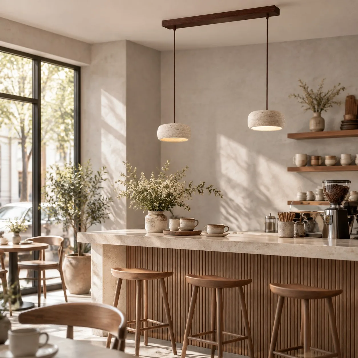 Two rounded travertine pendants over a counter
