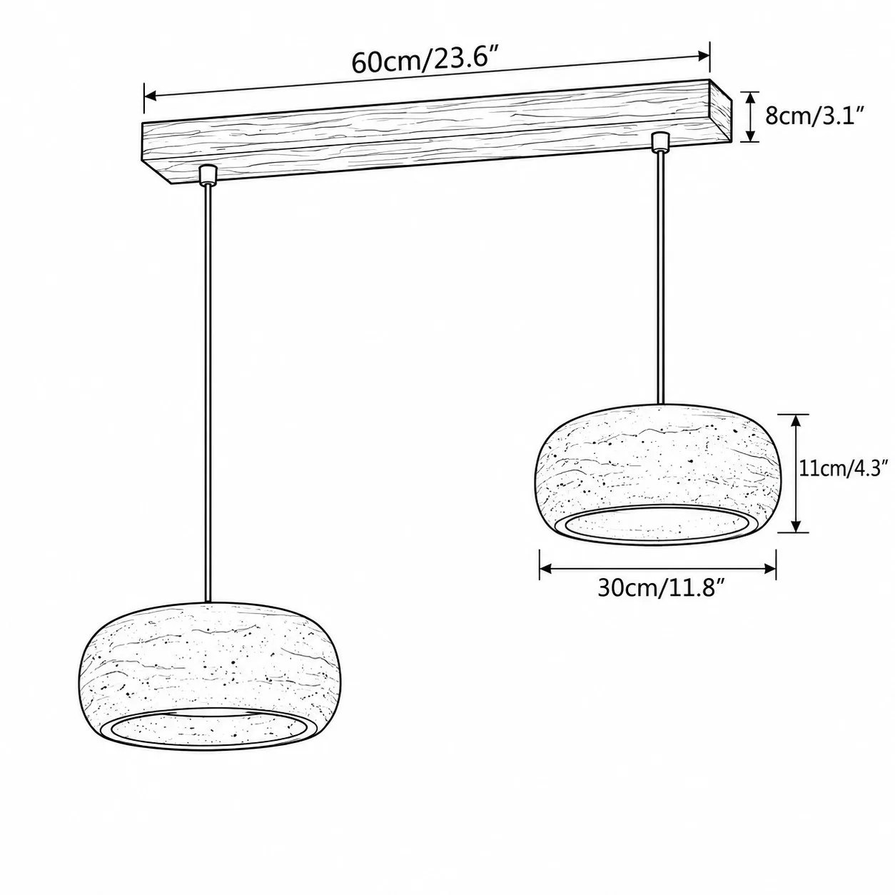 Dimension drawing, two rounded 30 cm shades on a 60 cm walnut bar
