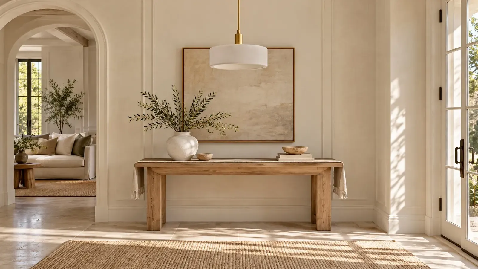 14 inch white porcelain drum pendant unlit over a console in a daylight entry