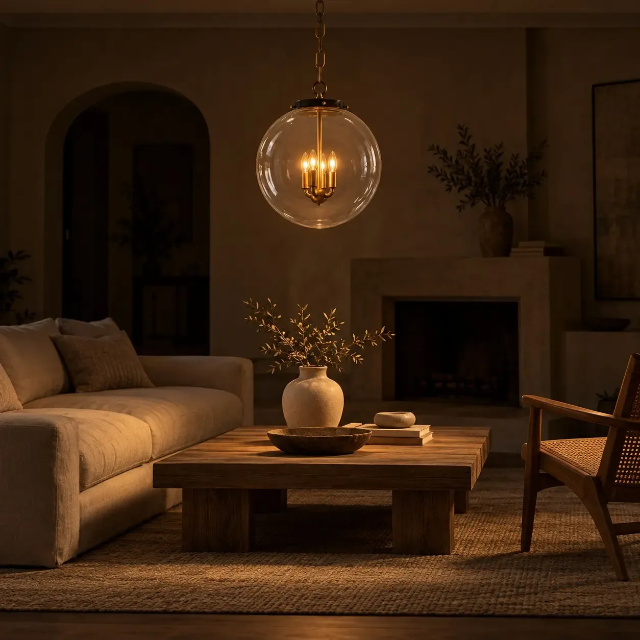 Clear glass globe pendant lit over a living room coffee table at night