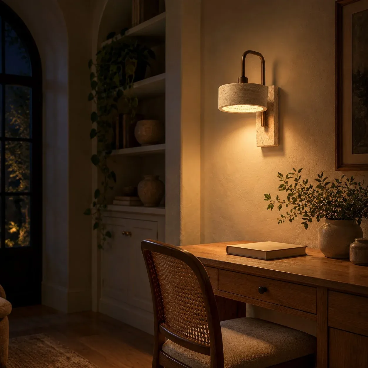 Straight travertine wall sconce glowing over a study desk at night
