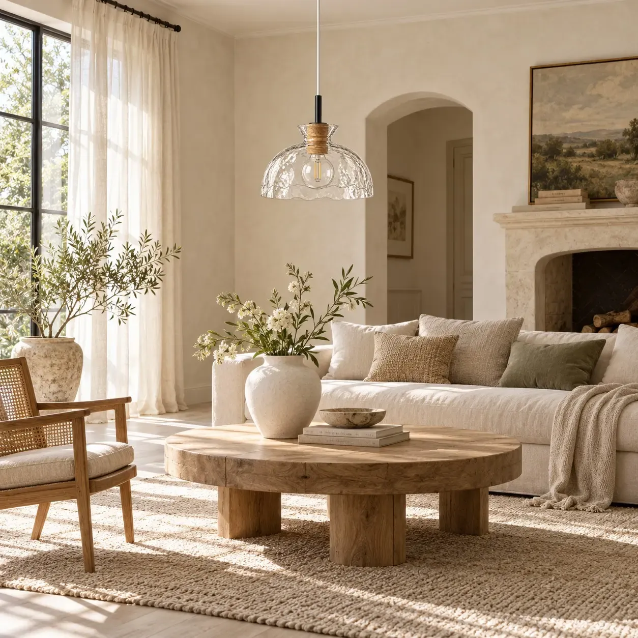Scalloped hammered-glass dome pendant with a cork collar, unlit in a daylight living room