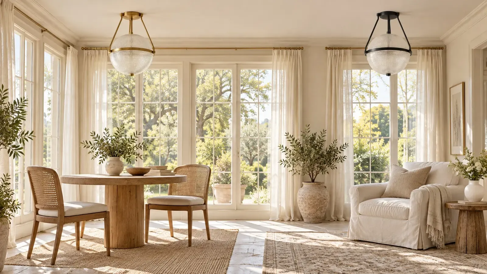 Gold and black glass globe semi-flush ceiling lights, unlit, in a sunroom in daylight