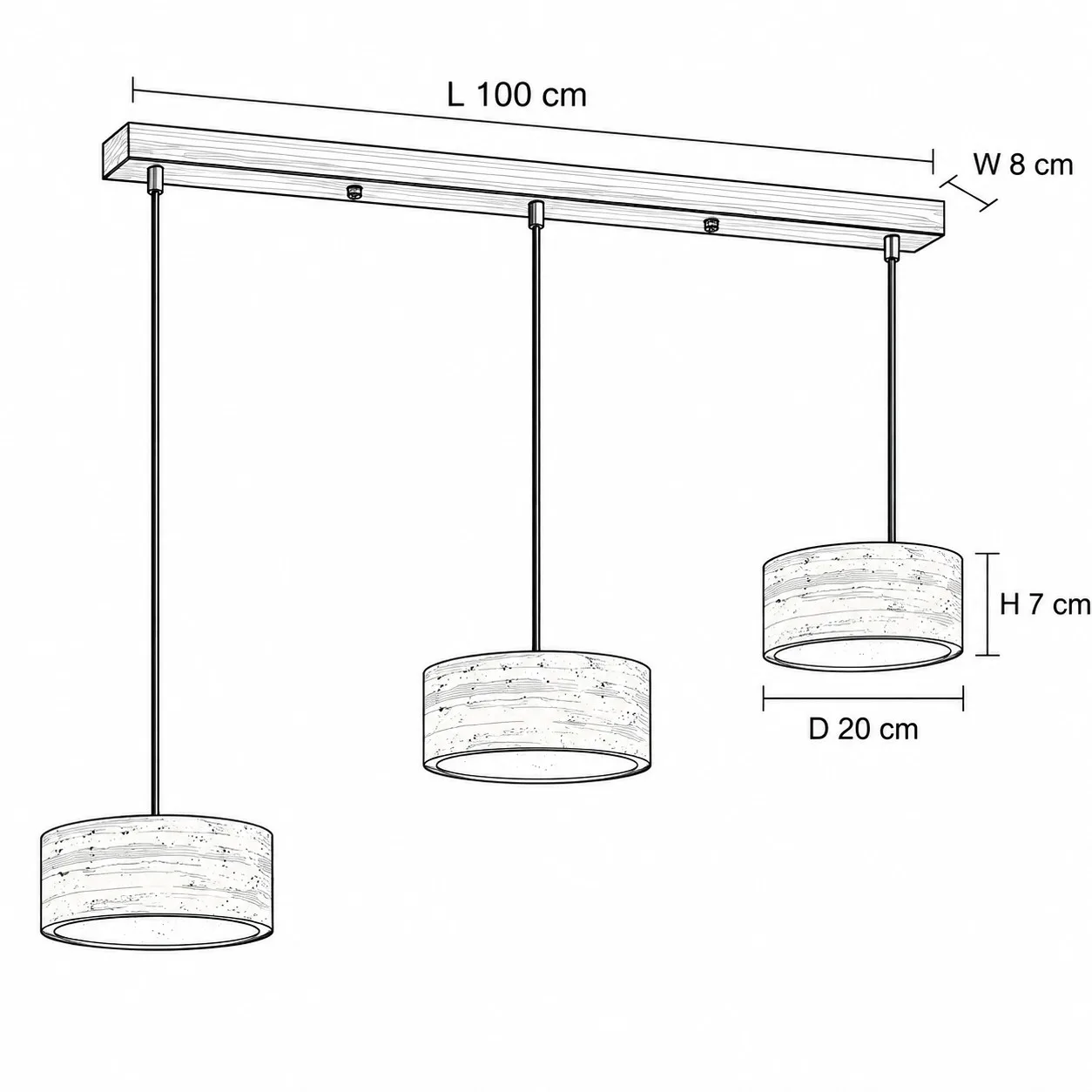Dimension drawing, three cylindrical 20 cm shades on a 100 cm walnut bar