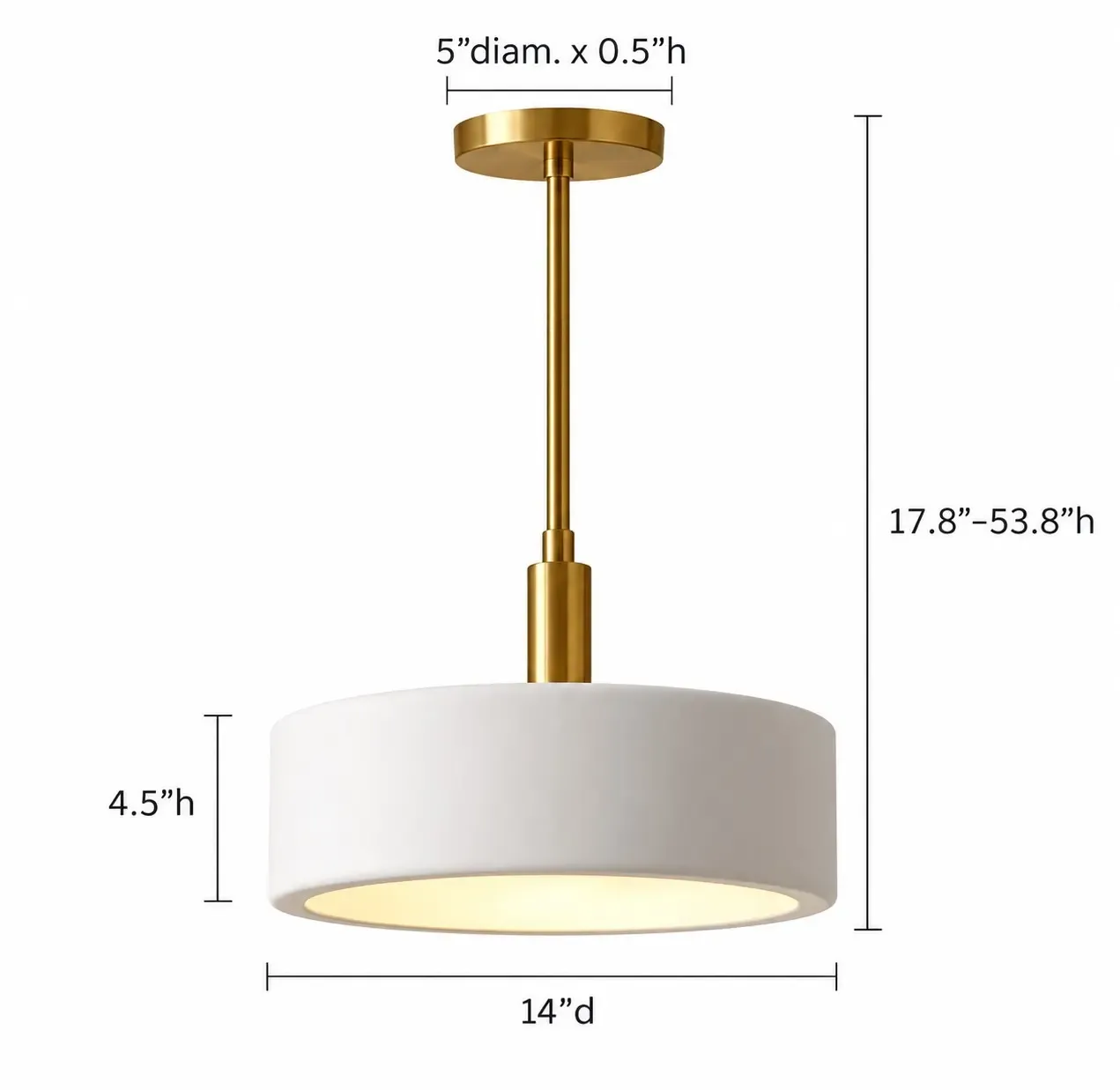 Dimension drawing of the 14 inch porcelain drum pendant, shade 14 inches wide and 4.5 inches high, overall height 17.8 to 53.8 inches