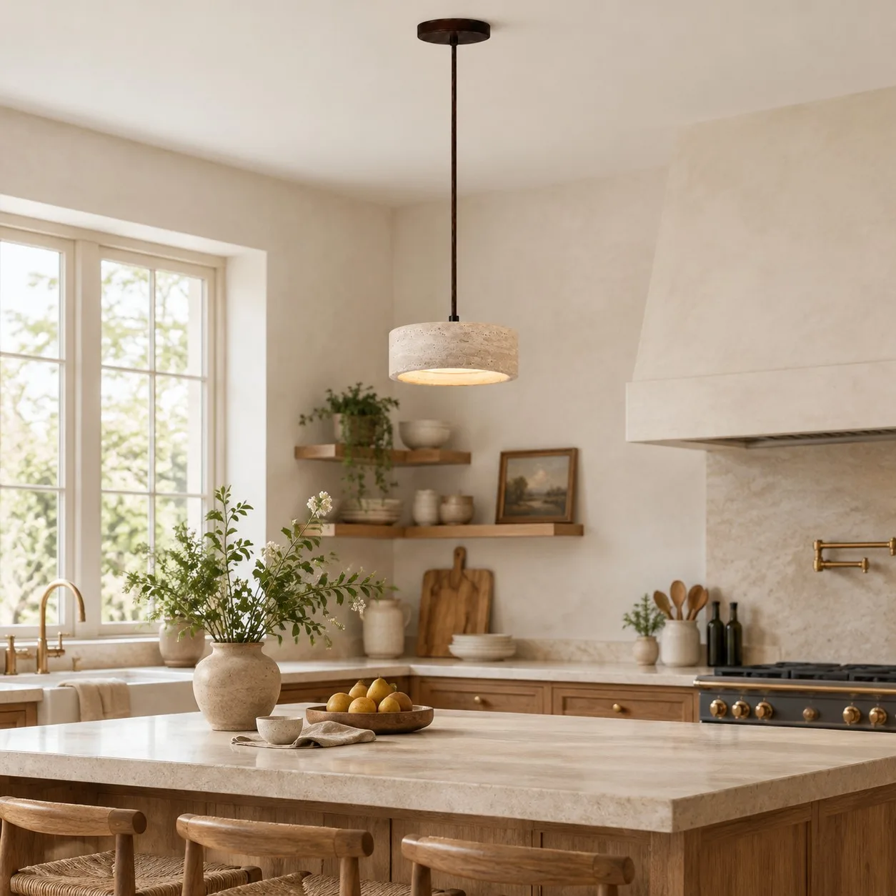 Cylindrical travertine pendant over a kitchen island