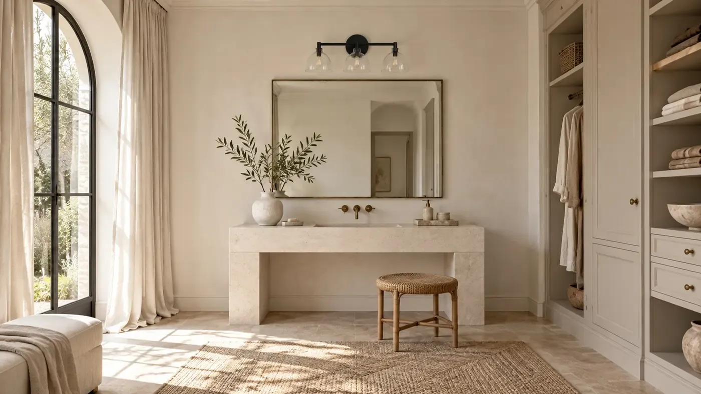 Three black hammered-glass shades unlit over a bathroom vanity in daylight