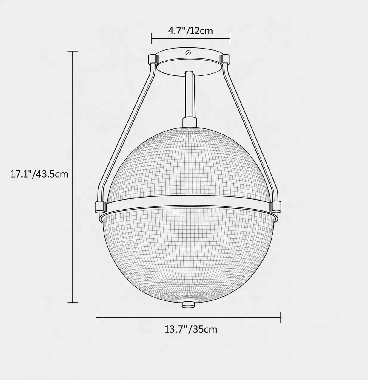 Dimension drawing: 13.7 inches or 35 centimeters across, 17.1 inches or 43.5 centimeters high, canopy 4.7 inches or 12 centimeters