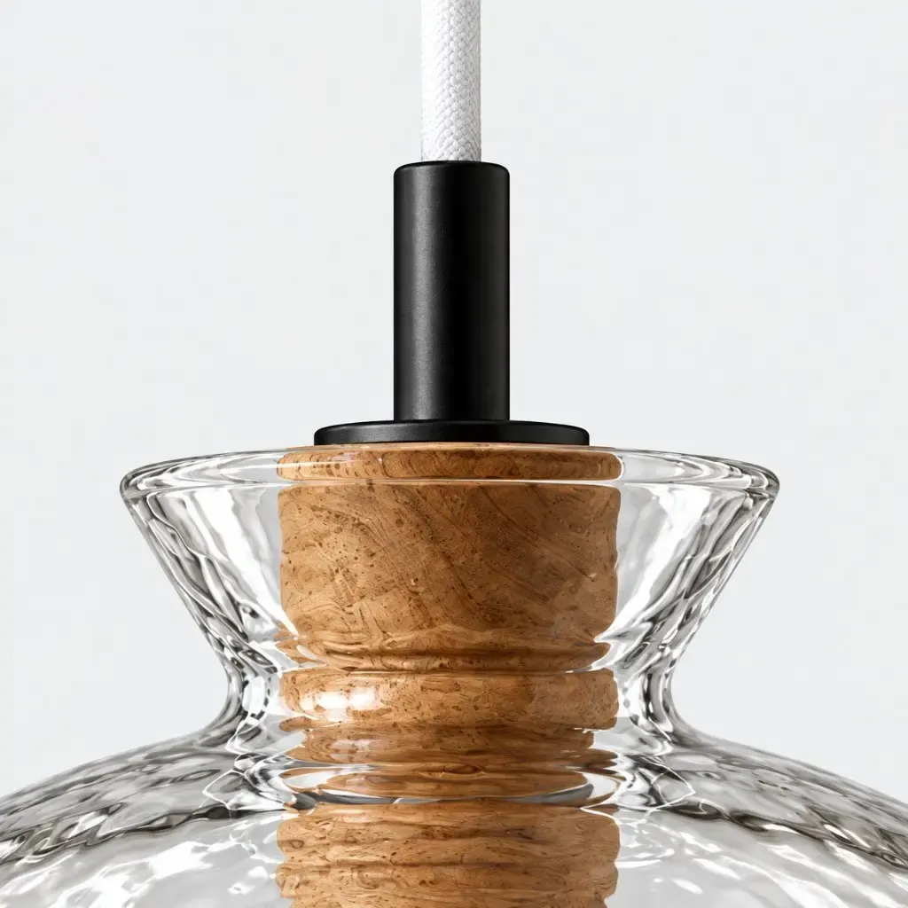 Cork collar, black stem, and white cord at the neck of the dome pendant