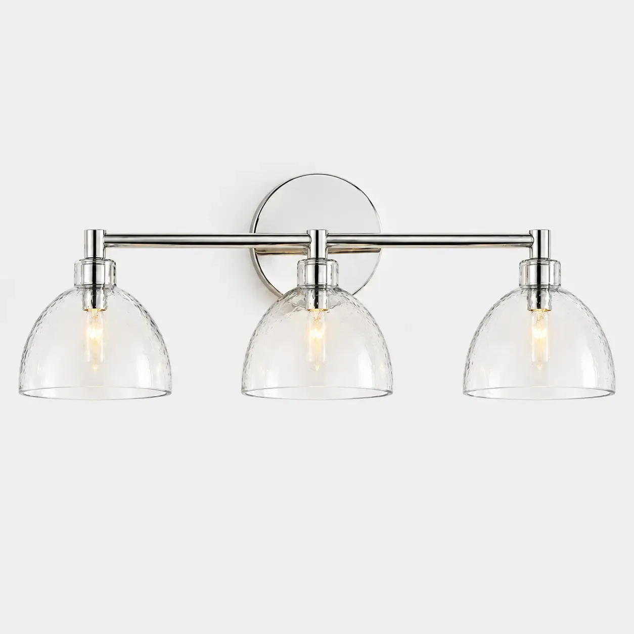 Three hammered glass bell wall sconce in Polished Nickel
