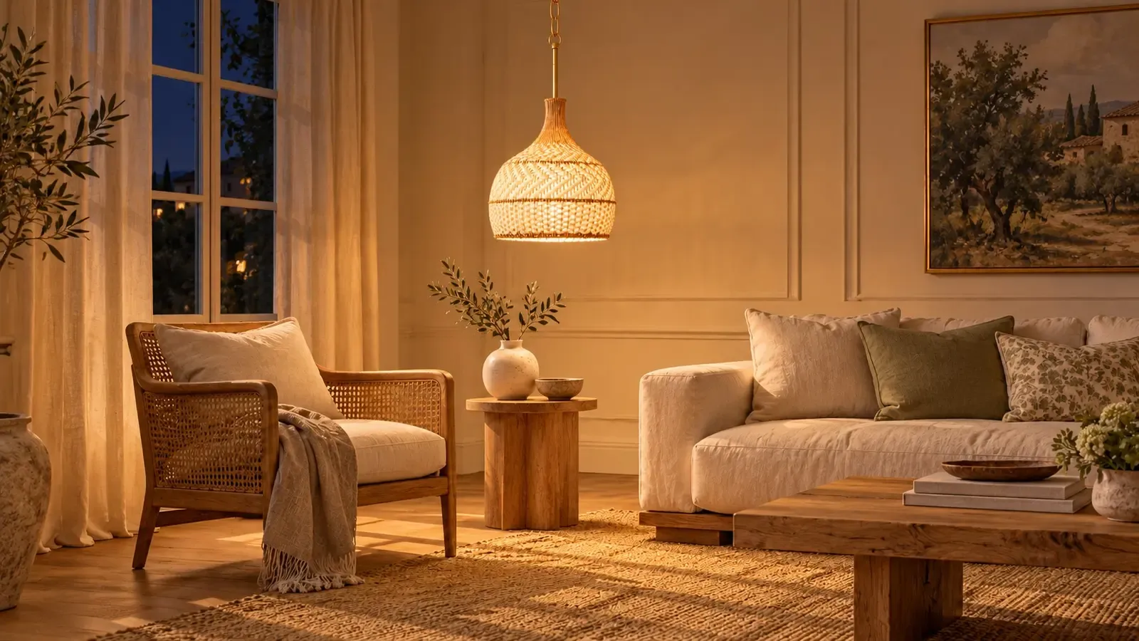 The same living room at night with the rattan dome lit and warm light through the weave