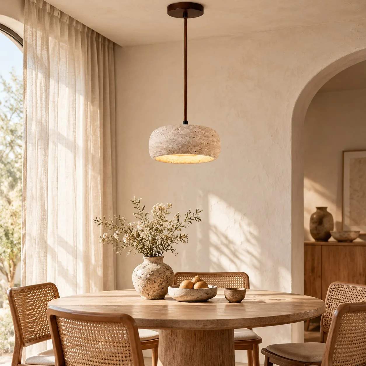 Rounded travertine pendant over a dining table