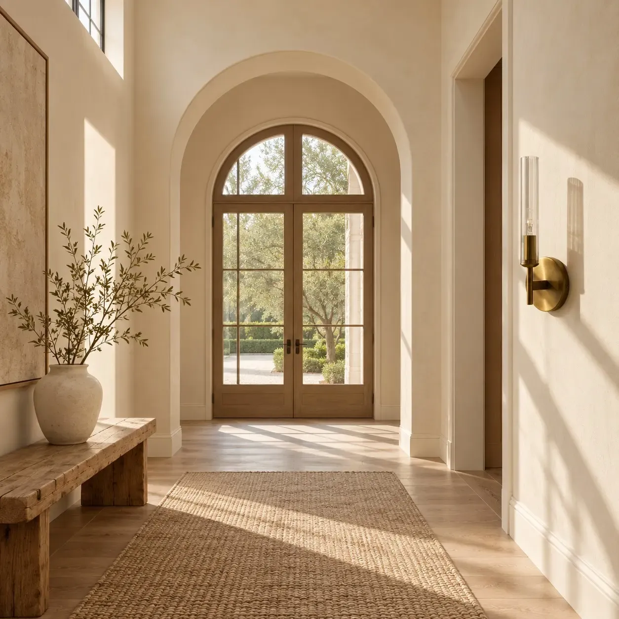 Brass one-light ribbed glass tube sconce unlit beside an arched entry door in daylight