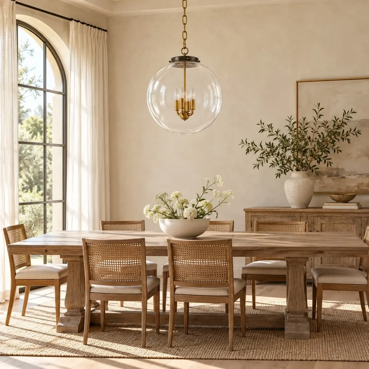 Clear glass globe pendant unlit over a dining table in daylight