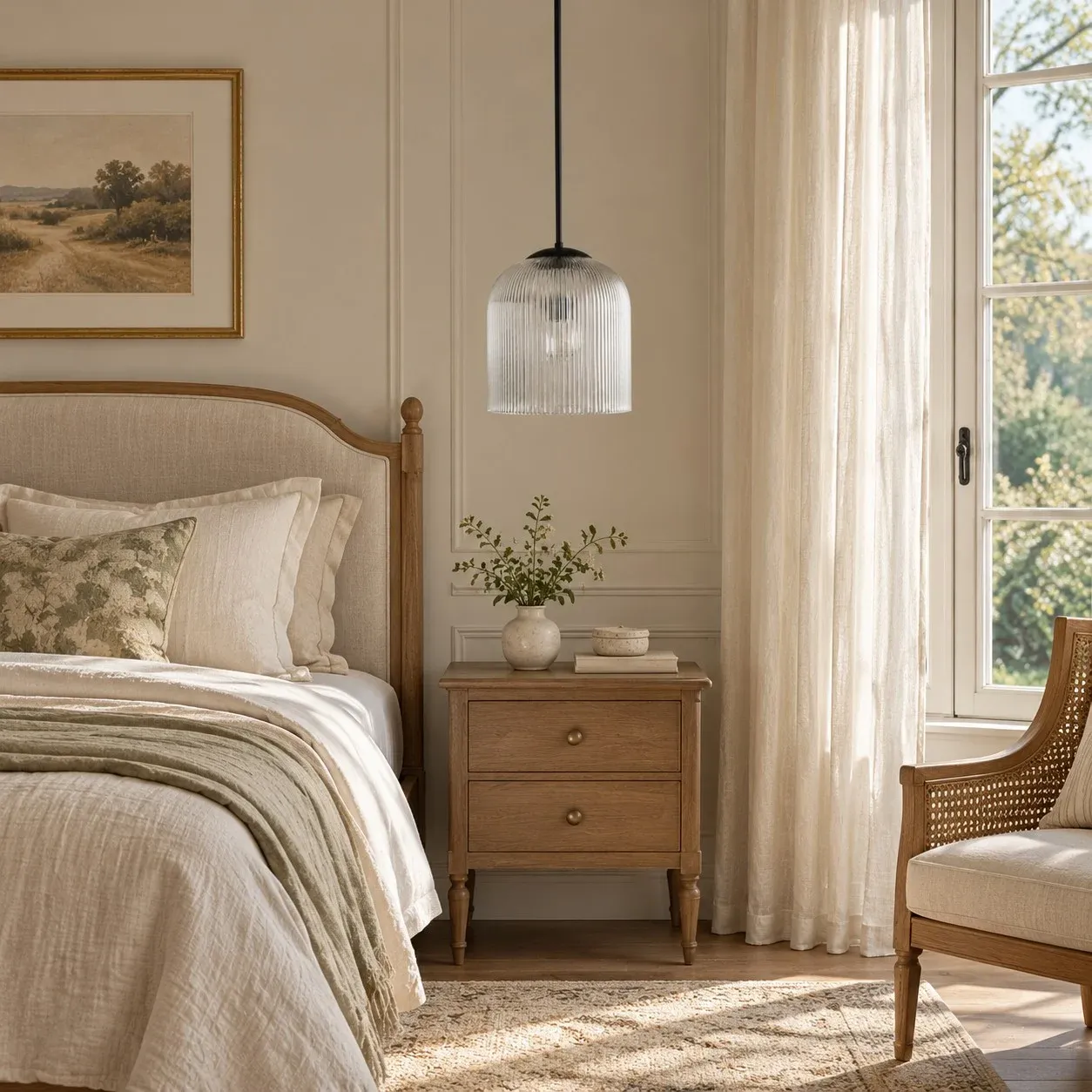 Black ribbed glass bell pendant unlit beside a bed in daylight