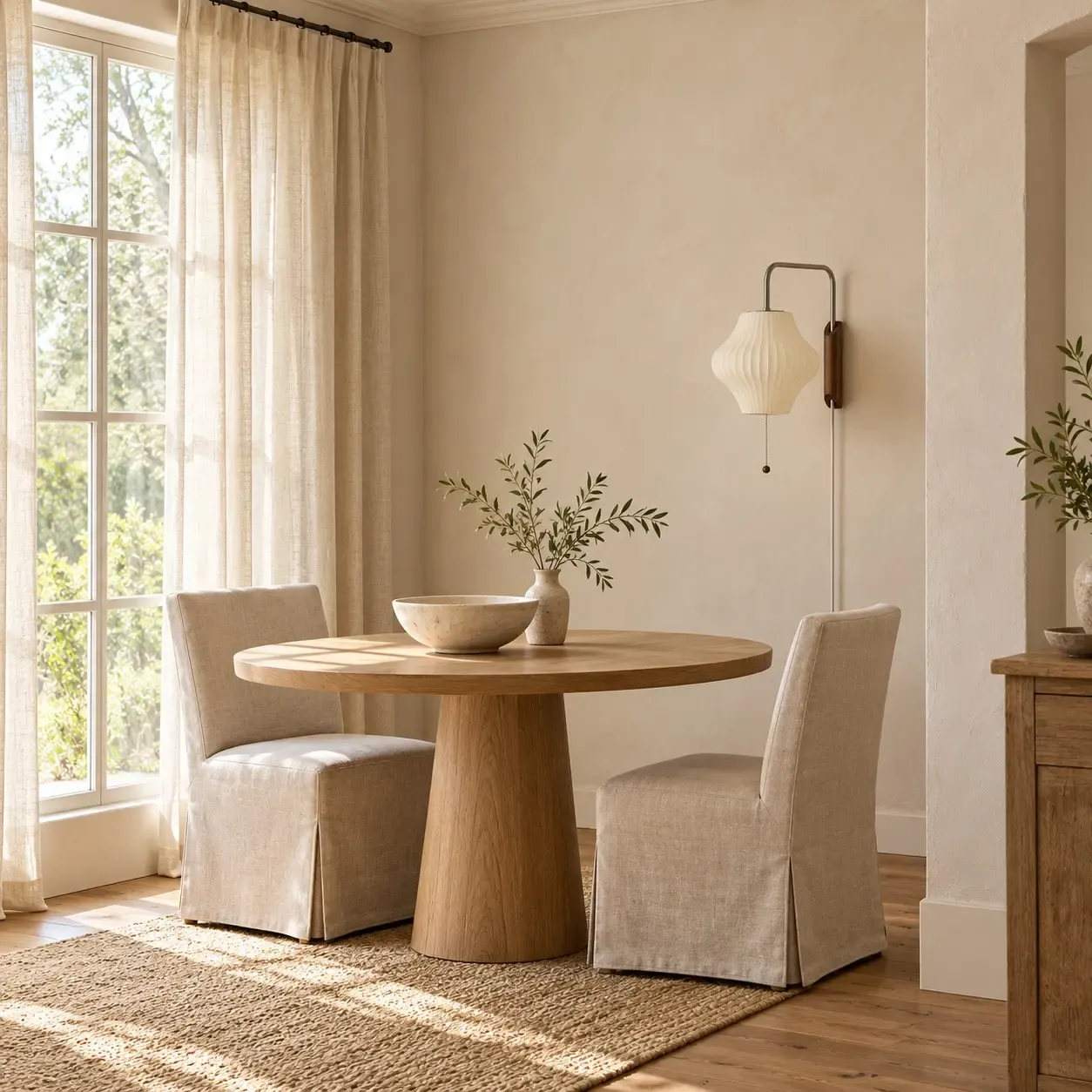 Lantern ribbed wall sconce, unlit, beside a round dining table in daylight