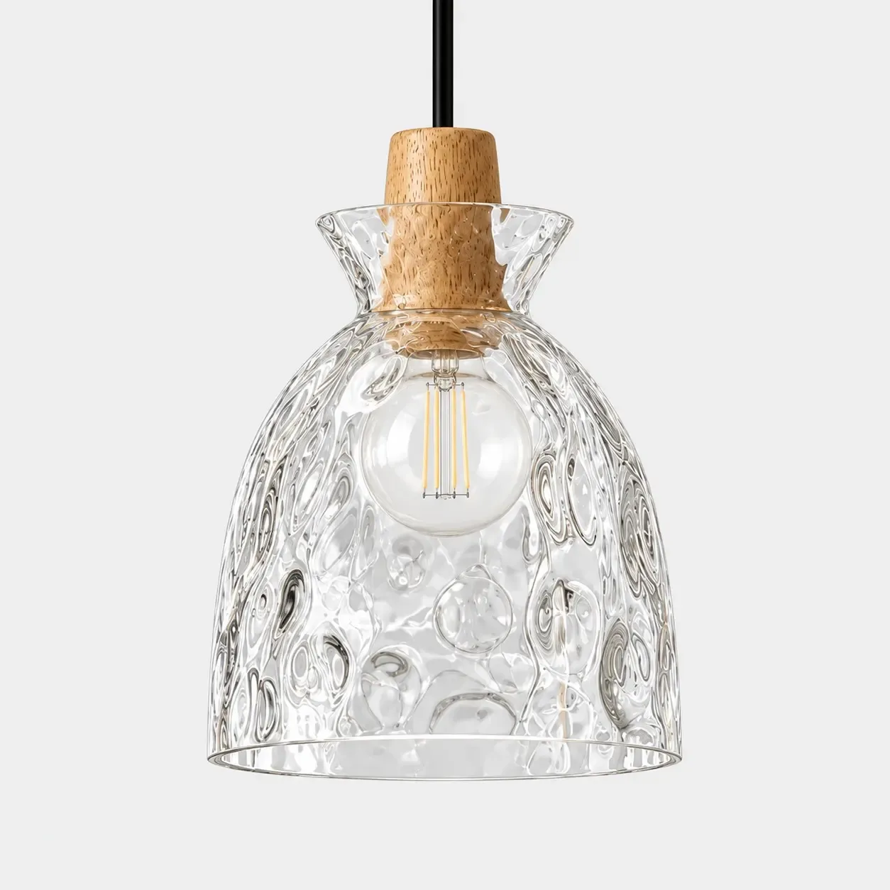 Hammered glass bell pendant with a wood collar and black cord