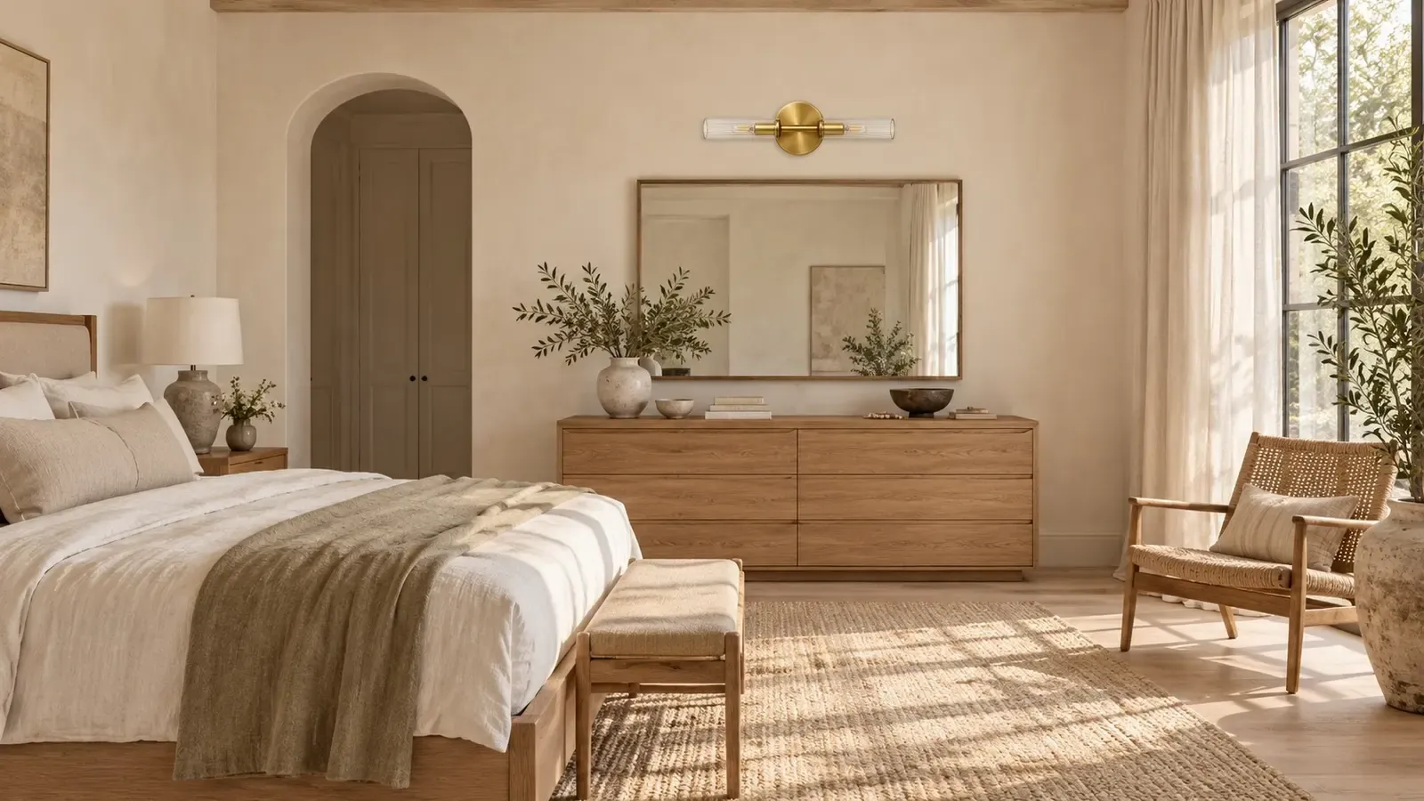 Brass two-light ribbed glass tube sconce unlit above a bedroom dresser in daylight