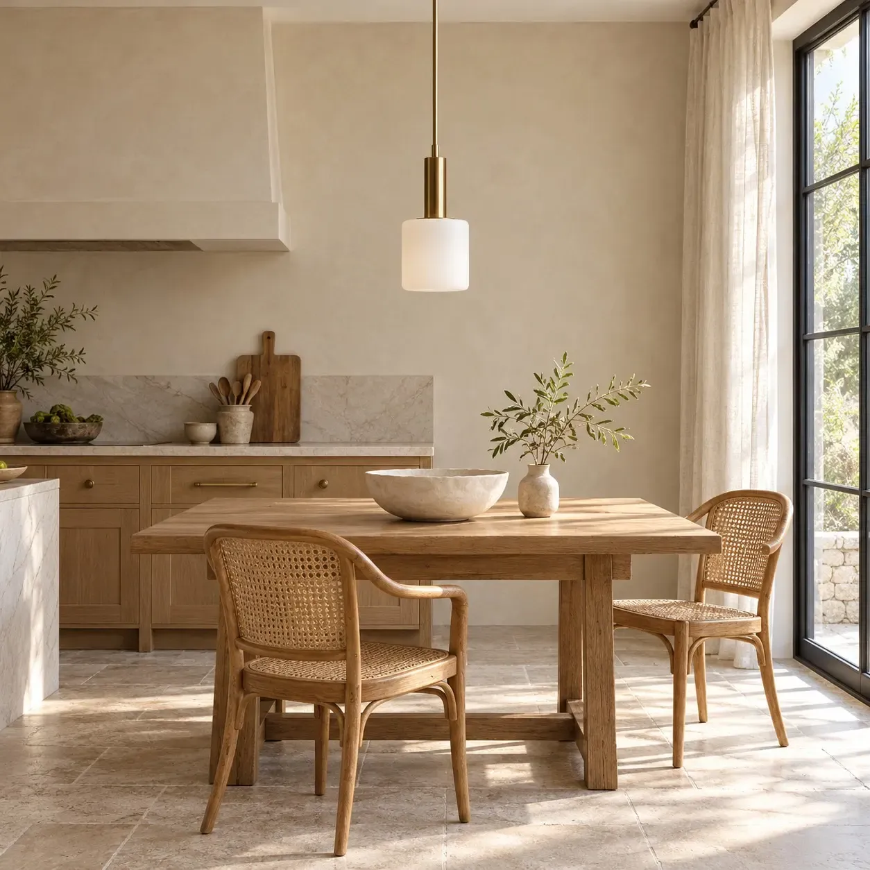 5 inch porcelain cylinder pendant unlit over a wood table in a daylight kitchen