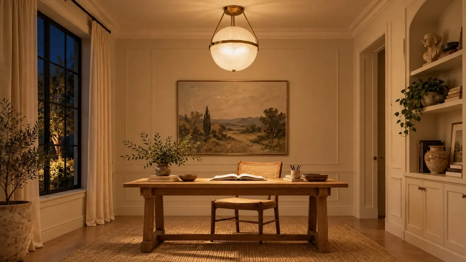 The same gold glass globe semi-flush ceiling light glowing over the desk at night