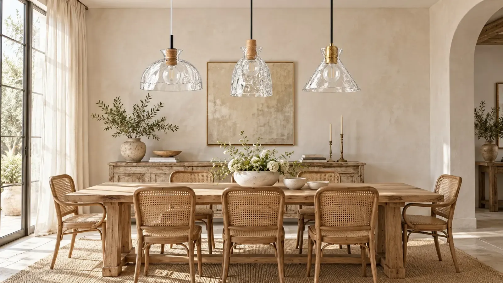 Dome, bell, and cone hammered-glass pendants unlit over a dining table in daylight