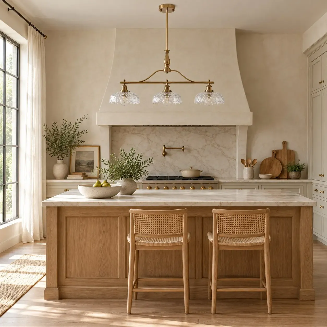 Brass three-shade chandelier unlit over a kitchen island in daylight
