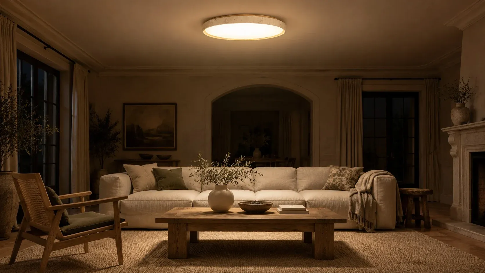 Wood Color travertine flush mount glowing over a living room at night