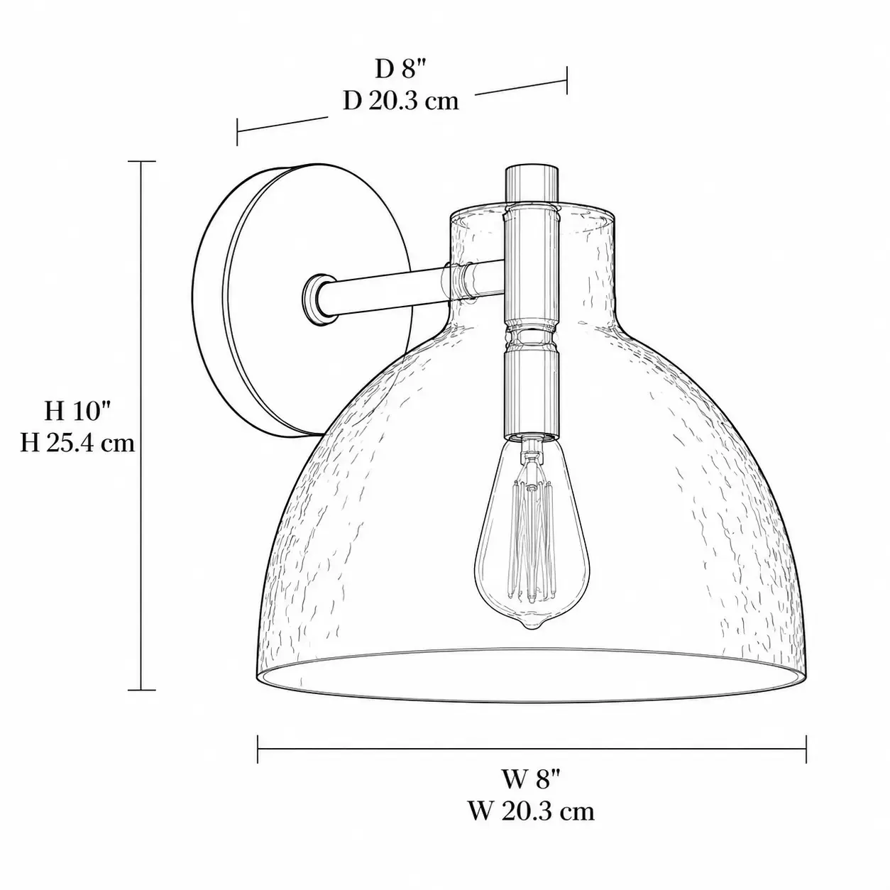 Dimension drawing of the one-head wall sconce, 8 inches wide and 10 inches high