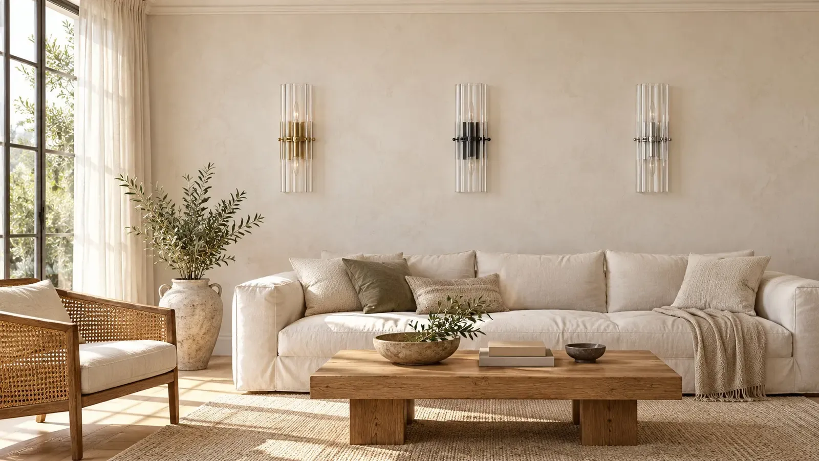 Three ribbed crystal wall sconces in tumbled brass, bronze, and polished nickel, unlit above a sofa in daylight