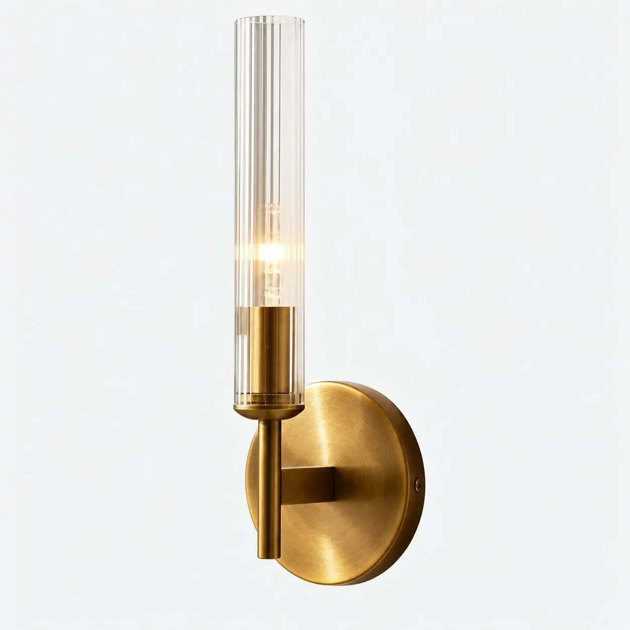 Brass one-light ribbed glass tube wall sconce