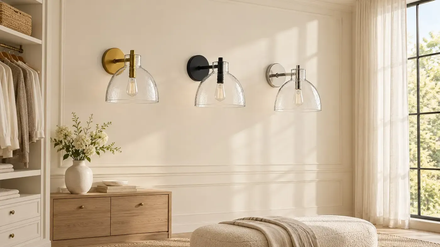 Brass, black, and polished nickel hammered-glass wall sconces unlit in a row in daylight