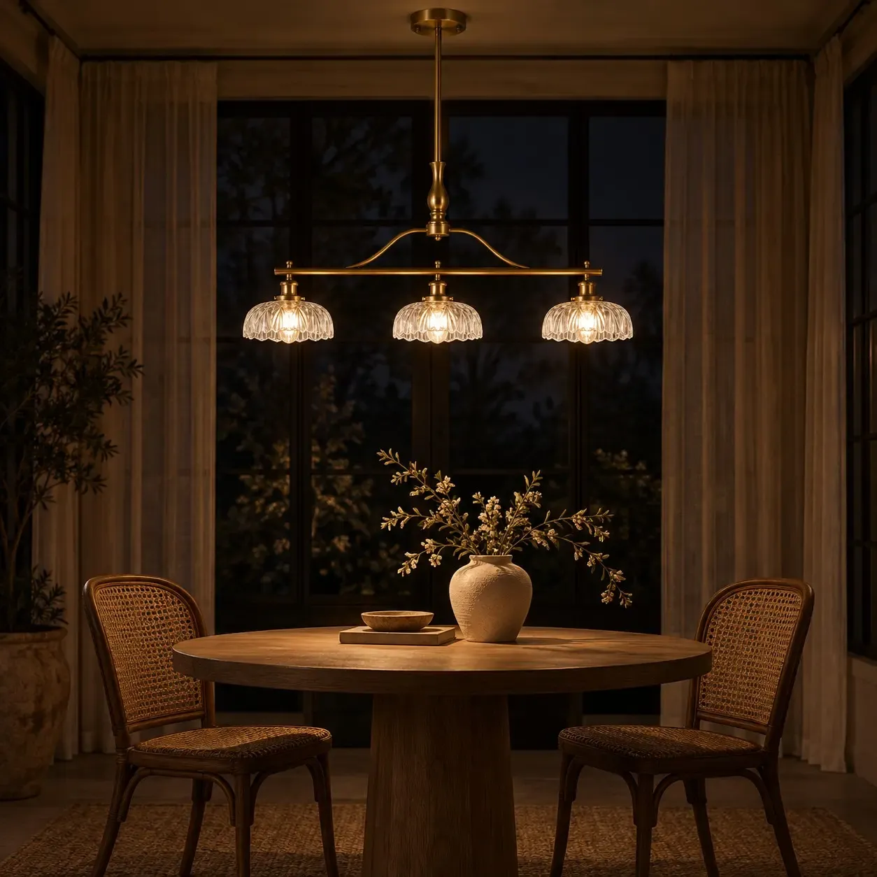 Brass three-shade chandelier lit over a round dining table at night