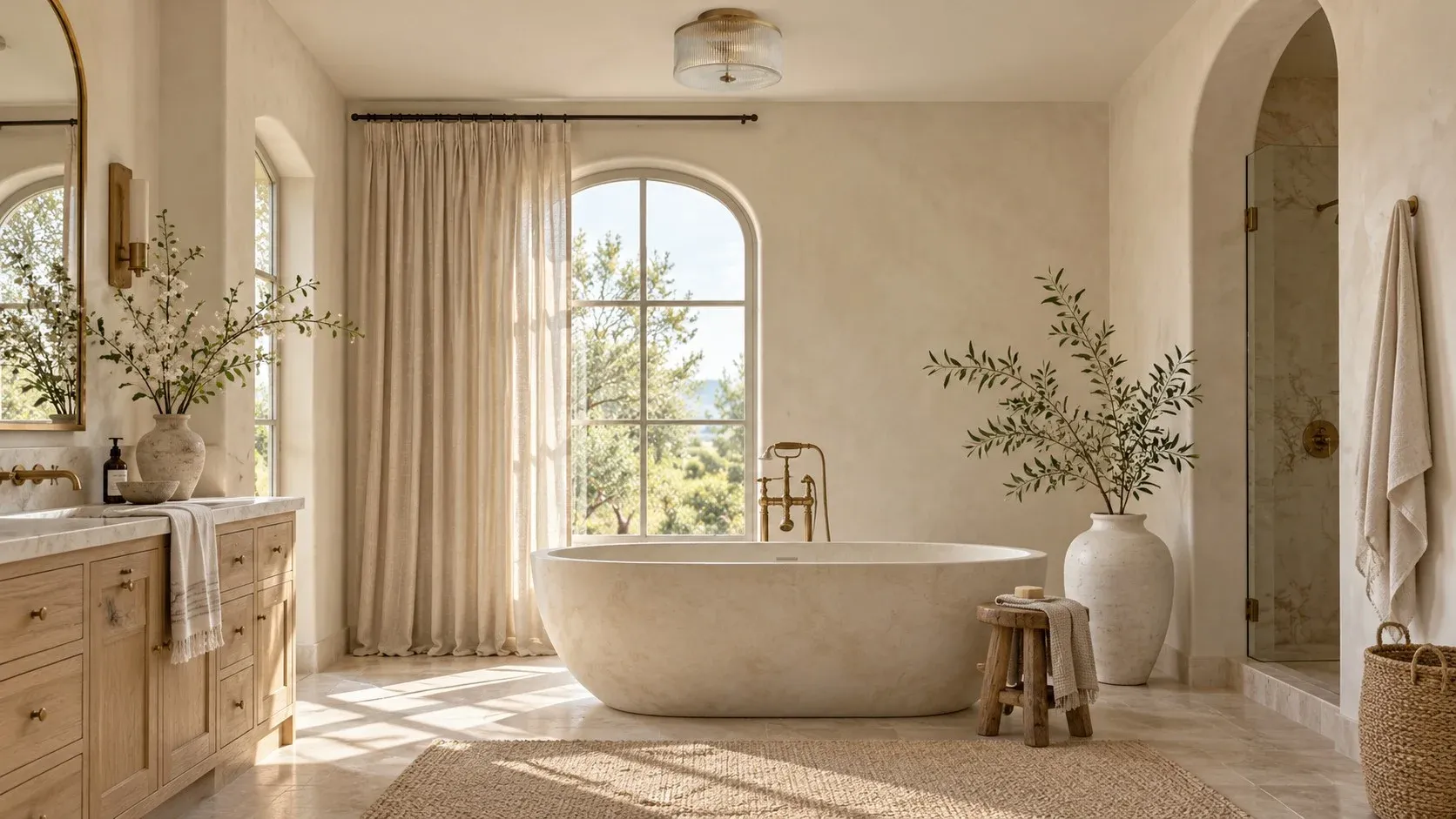 Brass ribbed glass drum ceiling light unlit in a bathroom in daylight
