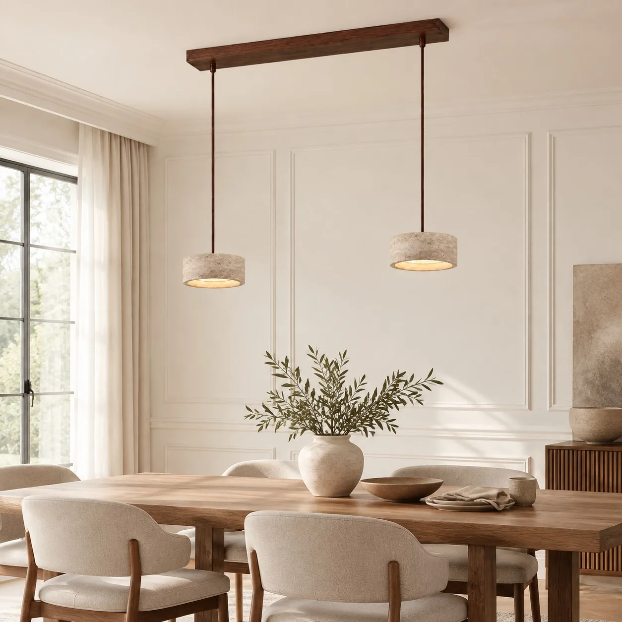 Two cylindrical travertine pendants over a dining table