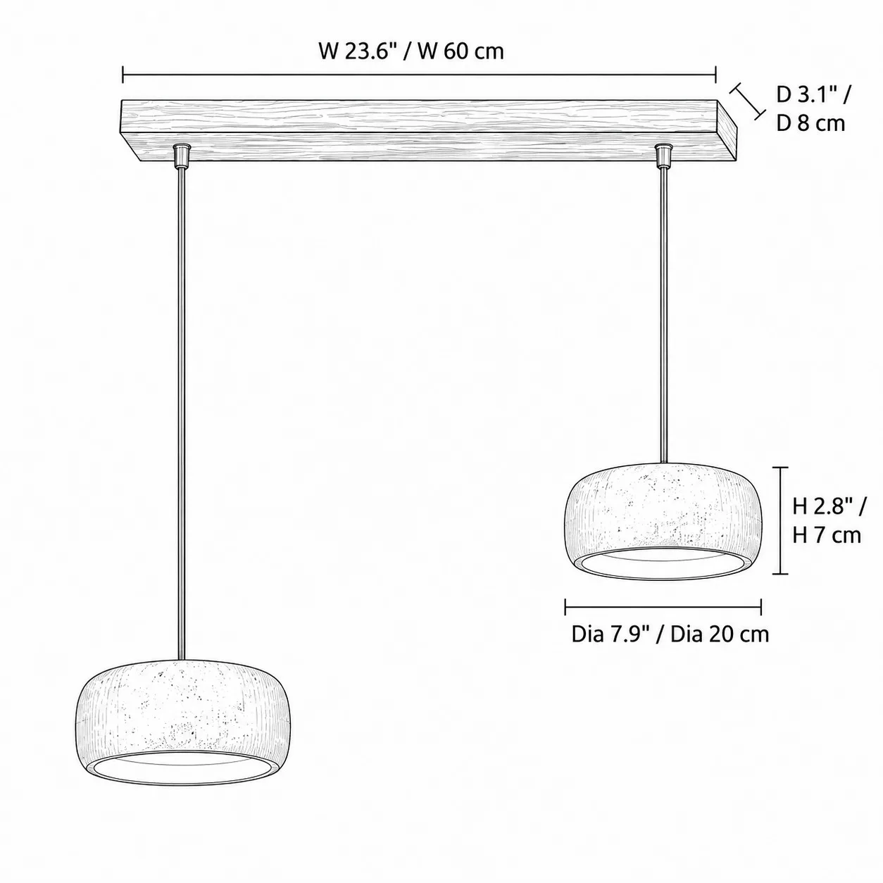 Dimension drawing, two rounded 20 cm shades on a 60 cm walnut bar